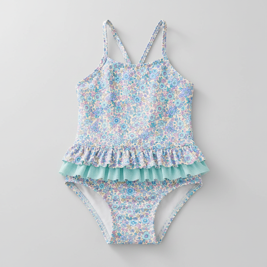 Bañador infantil floral azul con volantes sobre fondo gris perla
