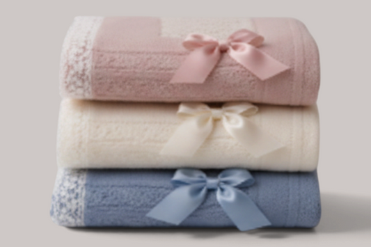 Pila de tres mantas de bebé NAVIA de algodón orgánico en colores pastel con lazos decorativos y detalles de encaje