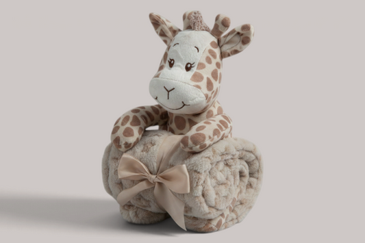 Muñeco jirafa de peluche NAVIA con manta beige suave enrollada y lazo, regalo ideal para recién nacidos.