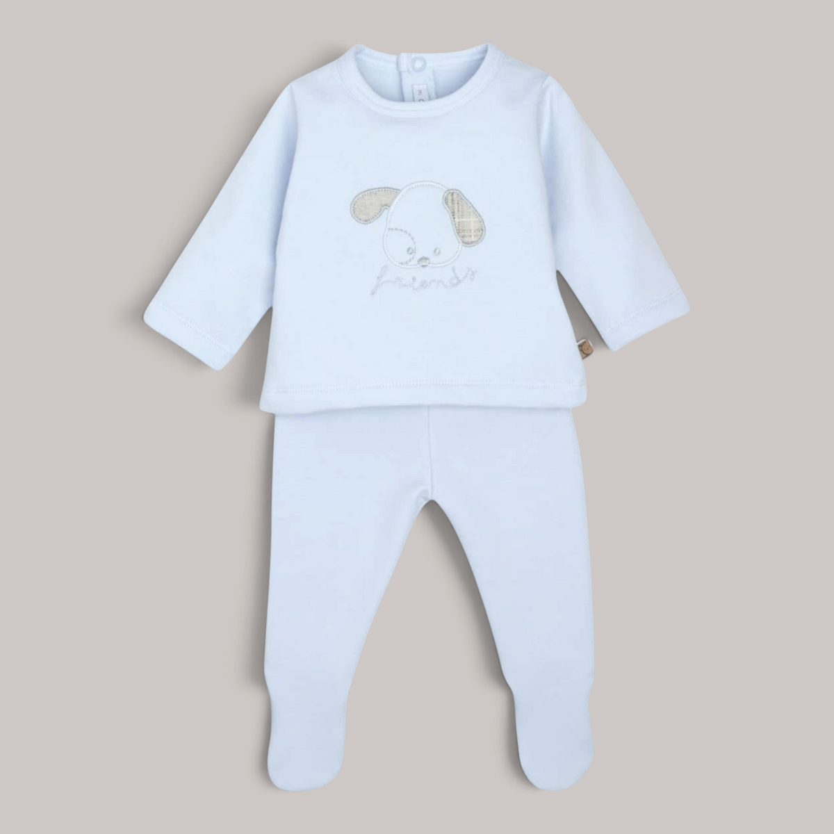 Conjunto de bebé NAVIA Burela en color celeste con camiseta de perrito bordado y polaina de algodón con pie