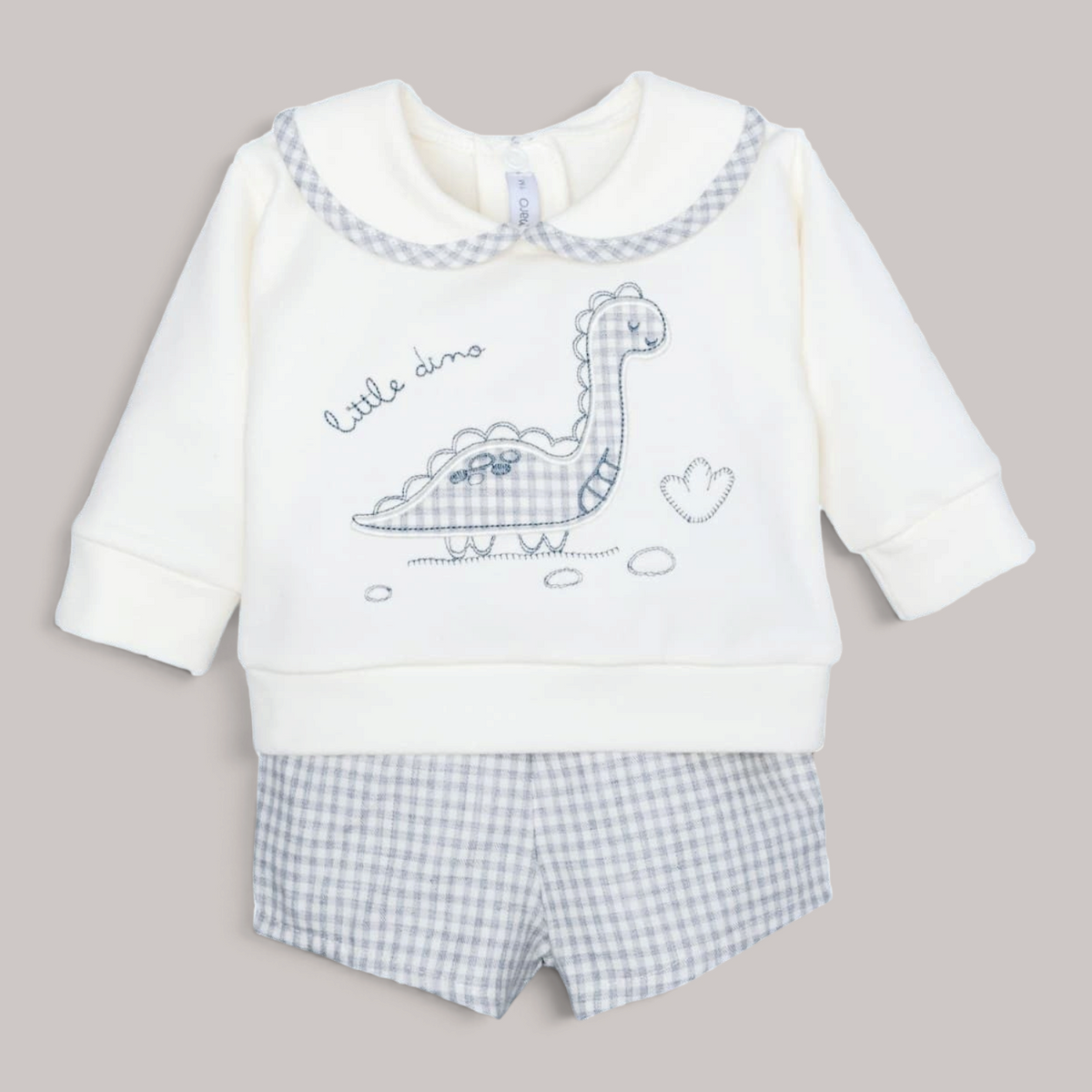 Conjunto NAVIA de sudadera cruda con cuello bebé y pololo de vichy gris con bordado de dinosaurio para bebé
