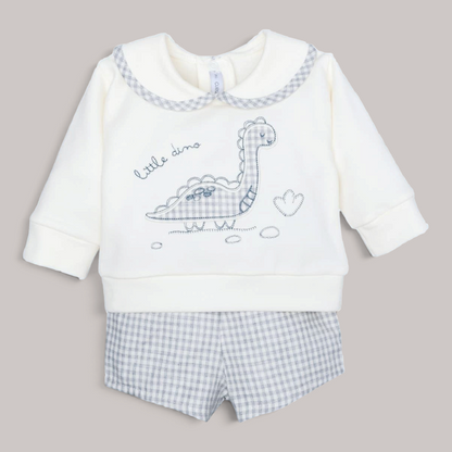 Conjunto NAVIA de sudadera cruda con cuello bebé y pololo de vichy gris con bordado de dinosaurio para bebé