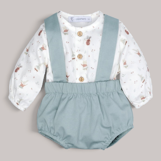 Conjunto NAVIA de Calamaro con pololo color mint, tirantes y camisa de algodón estampada con botones de madera