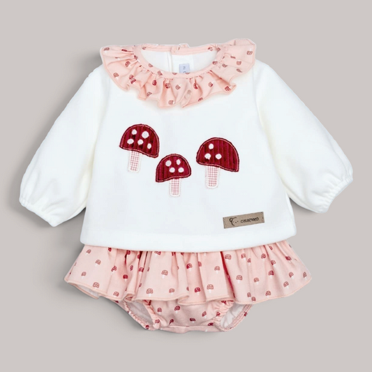 Conjunto NAVIA Calamaro con jersey blanco de setas y pololo rosa estampado para bebé