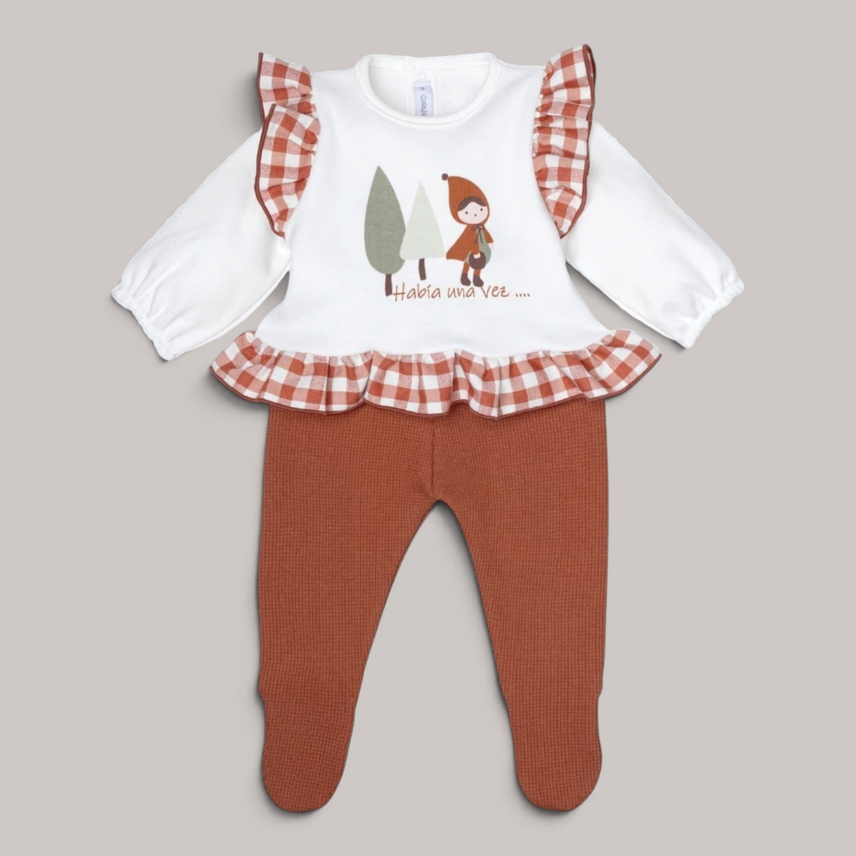 Conjunto de bebé NAVIA con camiseta blanca, volantes de vichy terracota y polaina a juego en algodón 100%
