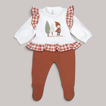 Conjunto de bebé NAVIA con camiseta blanca, volantes de vichy terracota y polaina a juego en algodón 100%