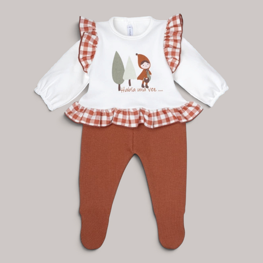 Conjunto de bebé NAVIA con camiseta blanca, volantes de vichy terracota y polaina a juego en algodón 100%