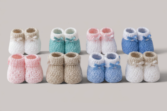 Colección de patucos de hilo natural NAVIA en varios tonos pastel con lazos decorativos para bebé
