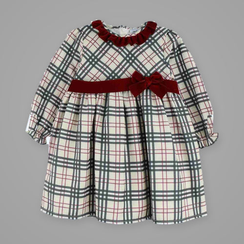 Vestido de Cuadros Beige con Lazo de Terciopelo DULCE DE FRESA