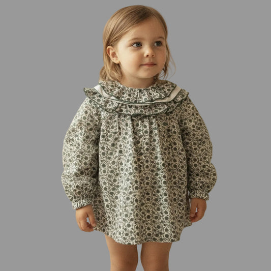 Vestido Verde Estampado con Cuello de Volante BABY FERR